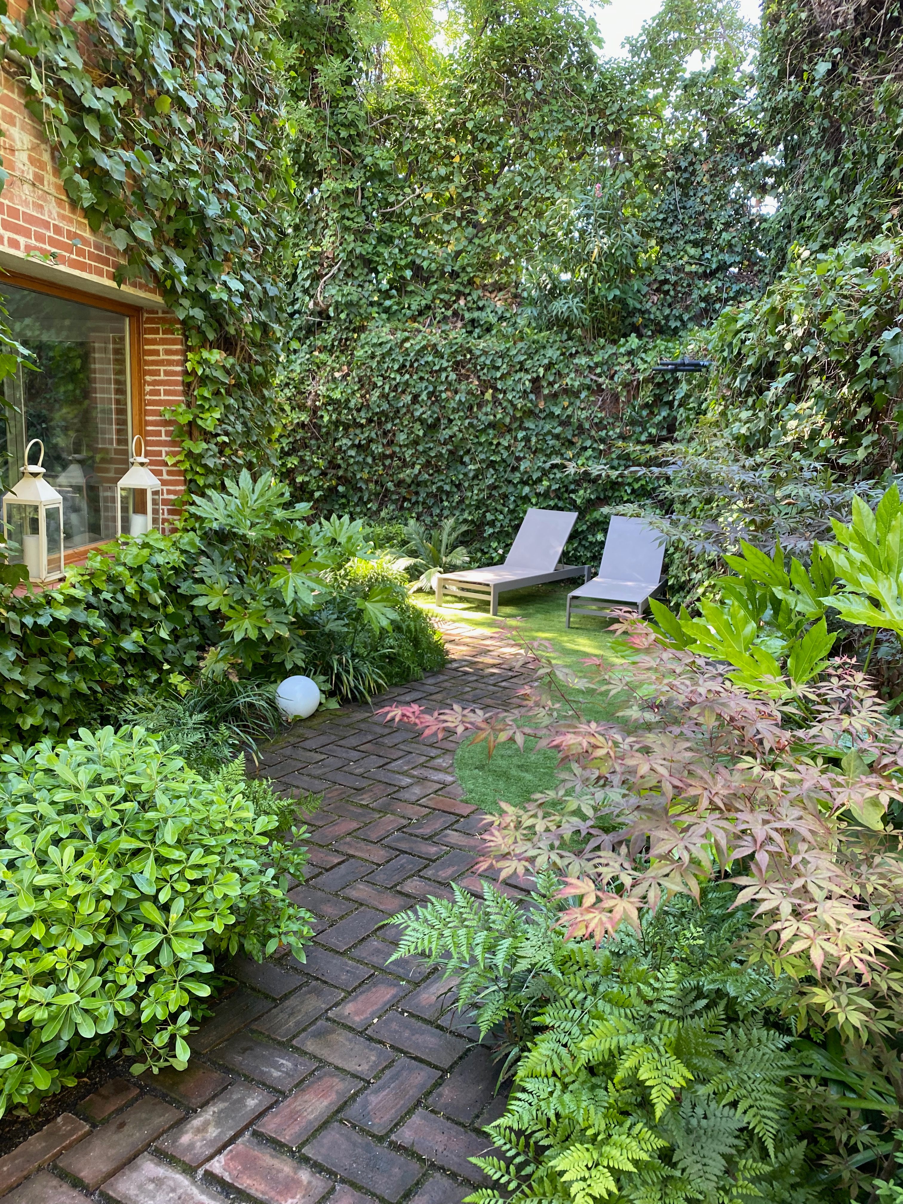 Proyecto Patio urbano - Un refugio verde en el corazón de Madrid. Se eligieron plantas oscuras para que combinaran con el la